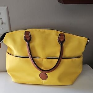HANDBAG YELLOW CANVAS WITH FAUX LEATHER HANDLES AND ACCENTS. NEW
